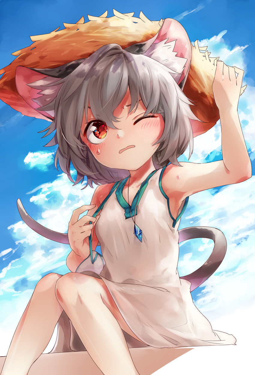 1girl, alternate_costume, animal_ear_fluff, animal_ears, bag, blue_sky, blush, cloud