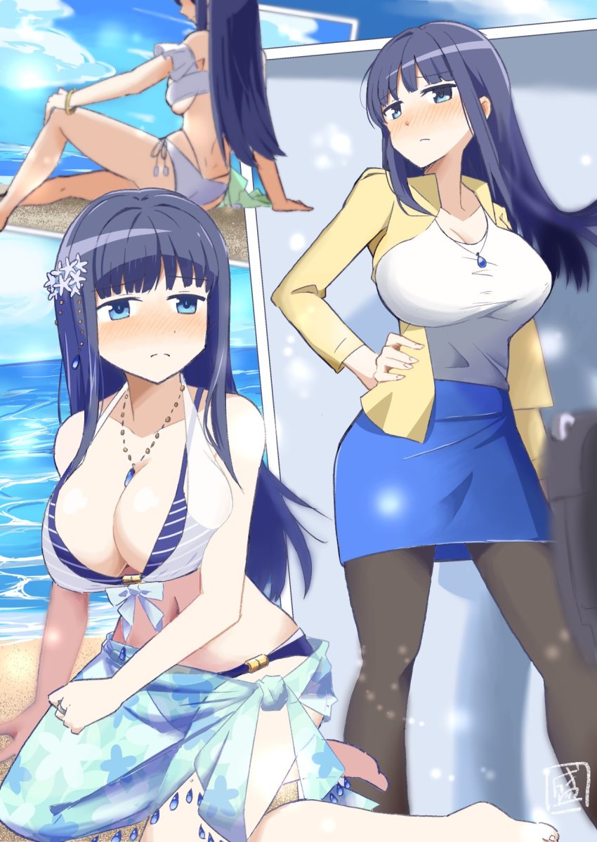 1girl, alternate_breast_size, artist_request, azusa_mifuyu, azusa_mifuyu_(swimsuit_costume), beach, bikini, black_pantyhose, blue_eyes, blue_hair, blush, breasts, closed_mouth, duel1st_dki, embarrassed, hair_ornament, hairclip, hand_on_own_hip, highres, jacket, jewelry, large_breasts, long_hair, looking_at_viewer, magia_record:_mahou_shoujo_madoka_magica_gaiden, mahou_shoujo_madoka_magica, nanami_yachiyo, nanami_yachiyo_(swimsuit_costume), necklace, nose_blush, pantyhose, shiny_skin, shirt, signature, skirt, sky, swimsuit, thighhighs, tight_clothes, towel