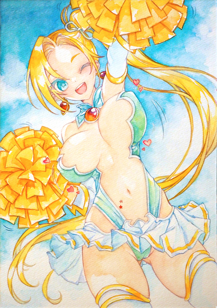 1girl, ;d, blonde_hair, blue_eyes, bouncing_breasts, breasts, brooch, calamity_jane_(fate)