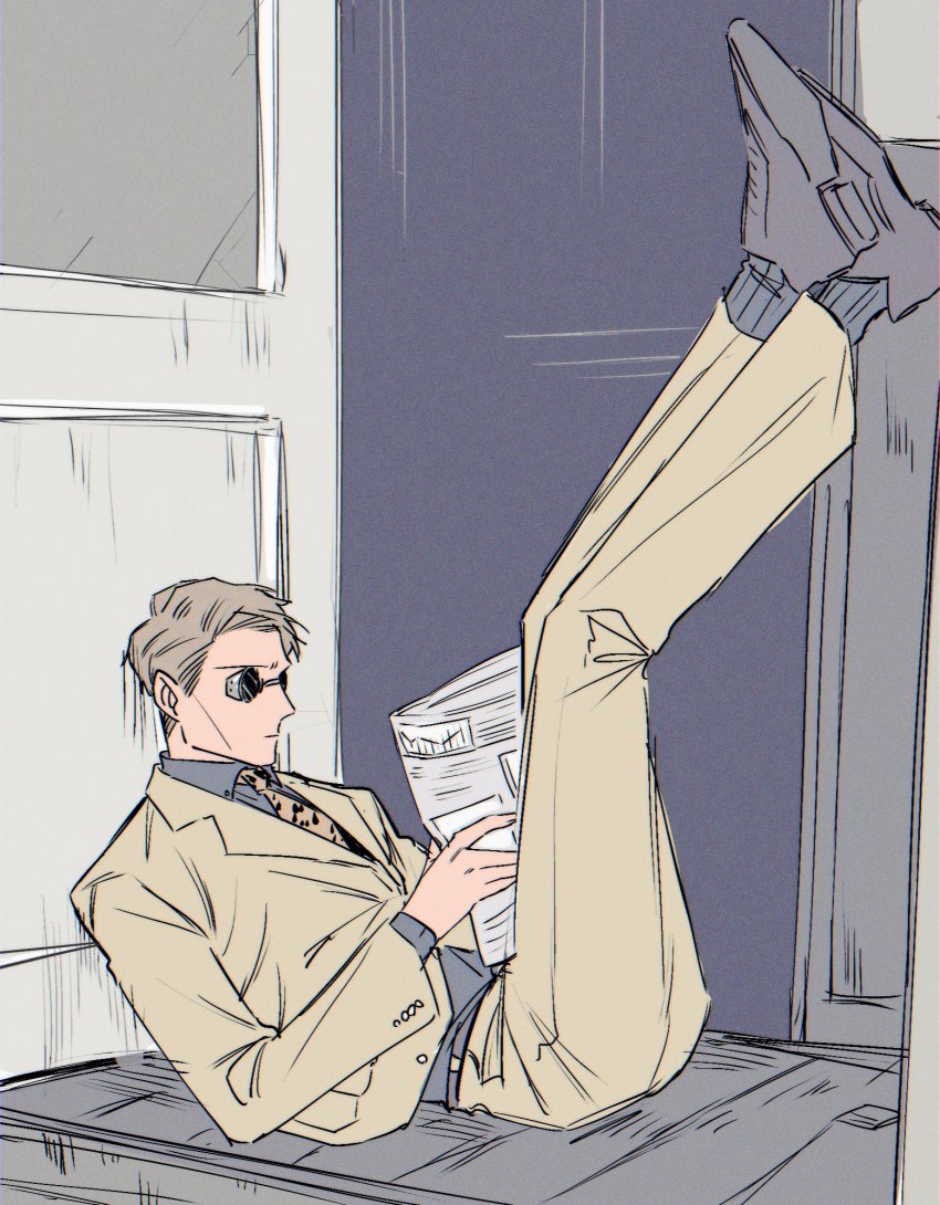 1boy, animal_print, ant_(wip_0011), belt, black_shoes, blue_shirt, blue_socks, brown_hair