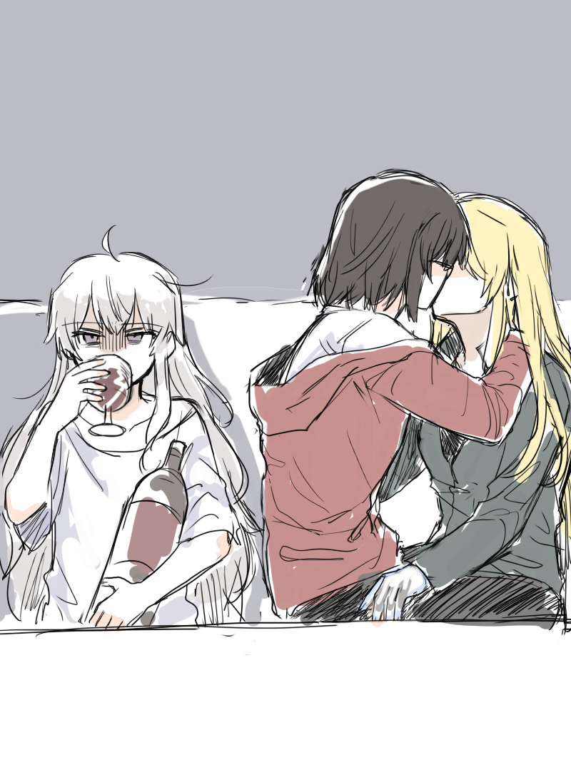 3girls, alcohol, angry, bad_id, bad_pixiv_id, black_hair, blonde_hair, bottle