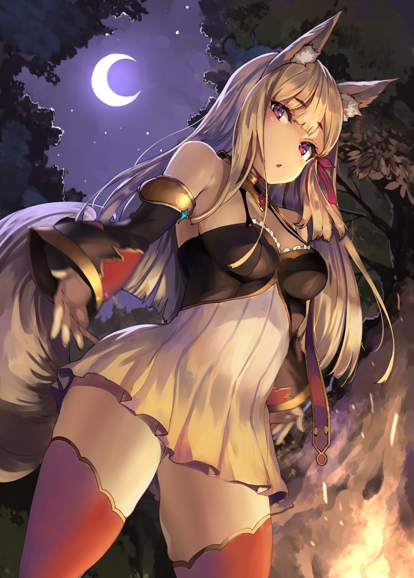 1girl, :<, absurdres, animal_ears, bare_shoulders, black_sleeves, brown_hair, campfire, crescent_moon, detached_sleeves, dress, fox_ears, fox_girl, fox_tail, from_below, guren_(kaiyari), highres, kaifuku_jutsushi_no_yarinaoshi_~sokushi_mahou_to_skill_copy_no_chouetsu_heal~, long_hair, looking_at_viewer, looking_down, moon, night, open_mouth, outstretched_hand, red_eyes, red_thighhighs, scan, shiokonbu, short_eyebrows, sidelocks, sky, solo, star_(sky), tail, thighhighs, tree