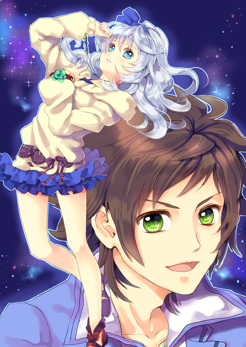1boy, 1girl, adam's_apple, beige_sweater, blue_eyes, blue_jacket, blue_skirt, brown_hair