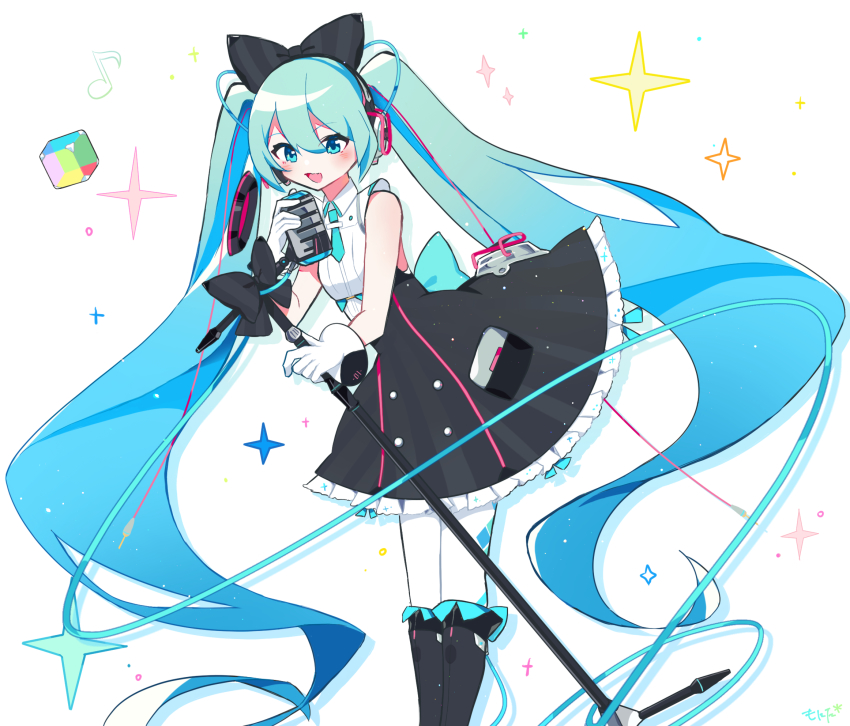1girl, aqua_eyes, aqua_hair, argyle, bare_shoulders, black_boots, black_bow, black_skirt