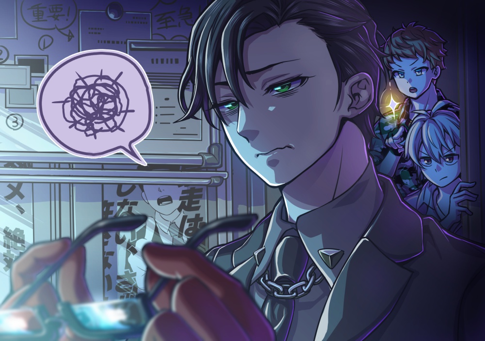 3boys, :o, aohitsugi_samatoki, black_hair, blurry, blurry_foreground, busujima_mason_rio, camouflage, camouflage_jacket, chain, frown, gloves, green_eyes, hypnosis_mic, indoors, iruma_jyuto, jacket, kurekoremori, mad_trigger_crew, male_focus, multiple_boys, necktie, peeking, pointing, red_gloves, short_hair, speech_bubble, unworn_eyewear, upper_body, white_hair