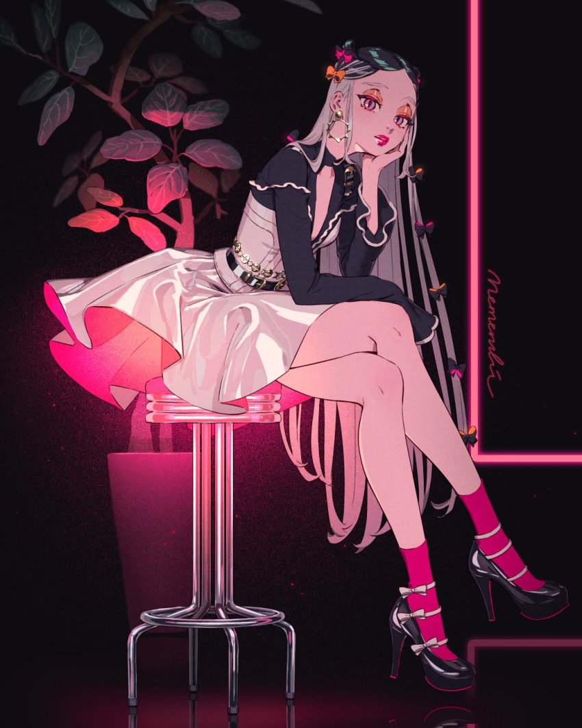 1girl, aburage_(motimotigg20), black_footwear, crossed_legs, dress, earrings, eyeshadow, full_body