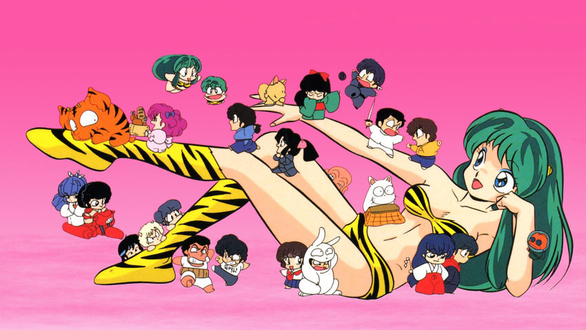 1980s_(style), 6+boys, 6+girls, benten_(urusei_yatsura), bikini, blue_eyes, boots, chibi