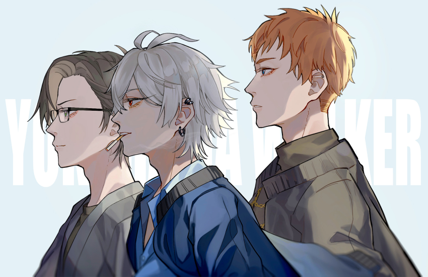 3boys, amd_aoneko, aohitsugi_samatoki, black-framed_eyewear, black_shirt, blue_eyes, busujima_mason_rio, chain