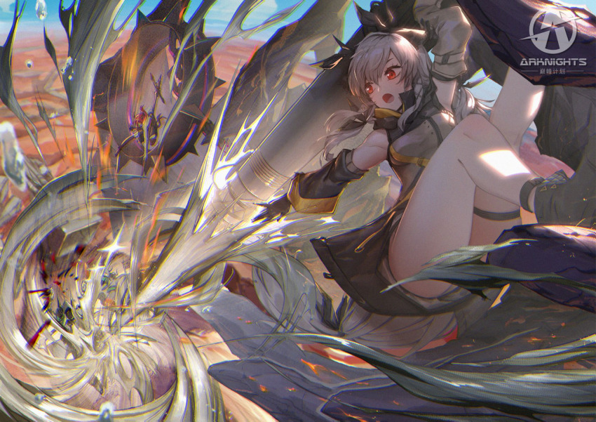 1other, 2girls, :o, arknights, arm_up, armpits, bare_legs, bare_shoulders, black_footwear, black_gloves, breasts, cannon, chromatic_aberration, convenient_censoring, detached_sleeves, dress, firing, gloves, grey_dress, horns, jiaobulandebaomihua, leaf, legs_up, long_hair, long_sleeves, looking_away, low-tied_long_hair, multiple_girls, open_mouth, outstretched_arm, panties, panty_peek, red_eyes, shoes, short_dress, silver_hair, small_breasts, solo_focus, surtr_(arknights), thigh_strap, thighs, underwear, very_long_hair, watermark, weedy_(arknights)