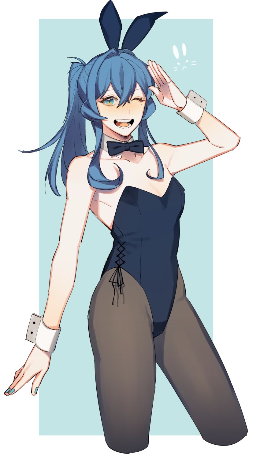 1girl, absurdres, animal_ears, bad_id, bad_twitter_id, black_bow, black_bowtie, black_leotard, black_pantyhose, blue_eyes, blue_hair, bow, bowtie, cowboy_shot, cropped_legs, detached_collar, fake_animal_ears, gotland_(kancolle), highres, kantai_collection, leotard, long_hair, mole, mole_under_eye, one_eye_closed, open_mouth, pantyhose, playboy_bunny, ponytail, rabbit_ears, rabbit_tail, round_teeth, salute, sidelocks, smile, solo, strapless, strapless_leotard, su_konbu, tail, teeth, upper_teeth_only, wrist_cuffs