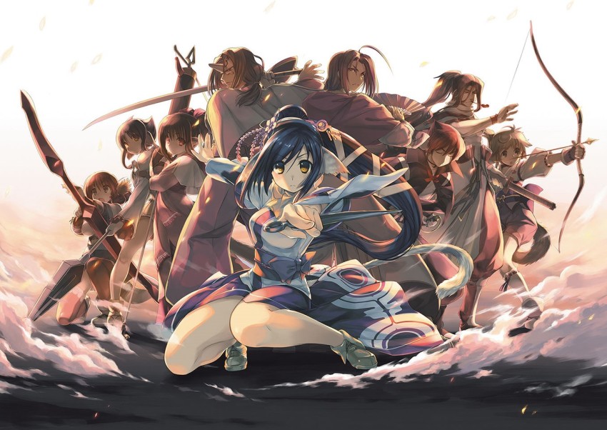 4girls, 5boys, ahoge, amazuyu_tatsuki, animal_ears, aquaplus, arrow_(projectile), atuy