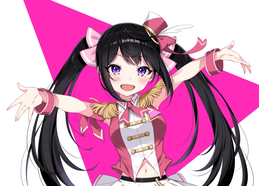 1girl, armpits, arms_up, black_hair, blush, bow, breasts, clothing_cutout