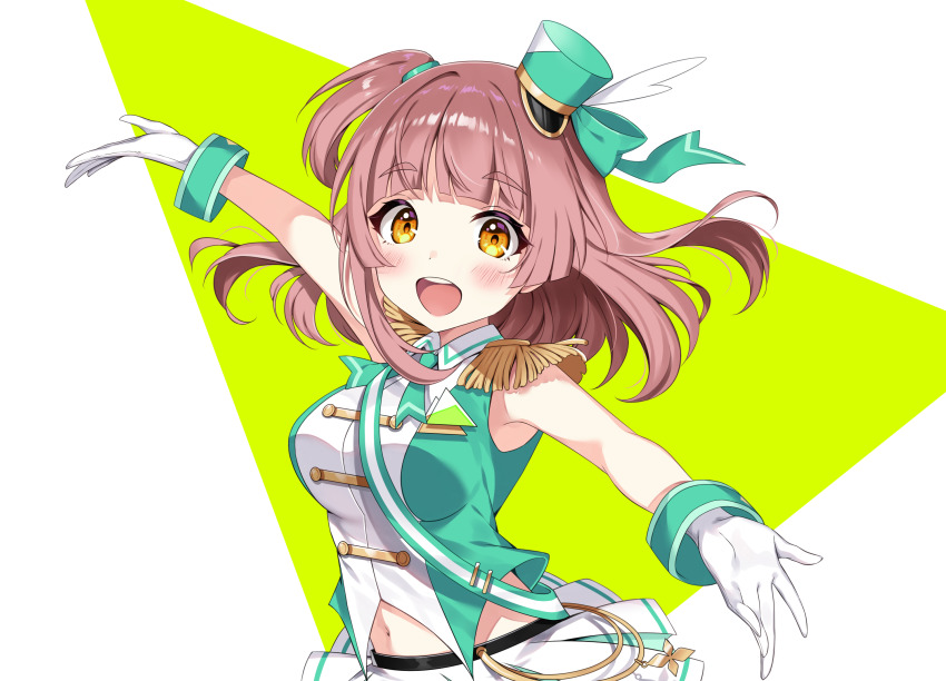 1girl, armpits, arms_up, blunt_bangs, blush, bow, breasts, brown_hair