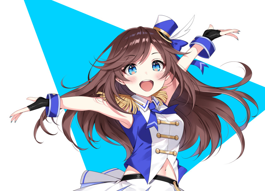 1girl, arms_up, black_gloves, blue_background, blue_bow, blue_eyes, blue_hat, blush