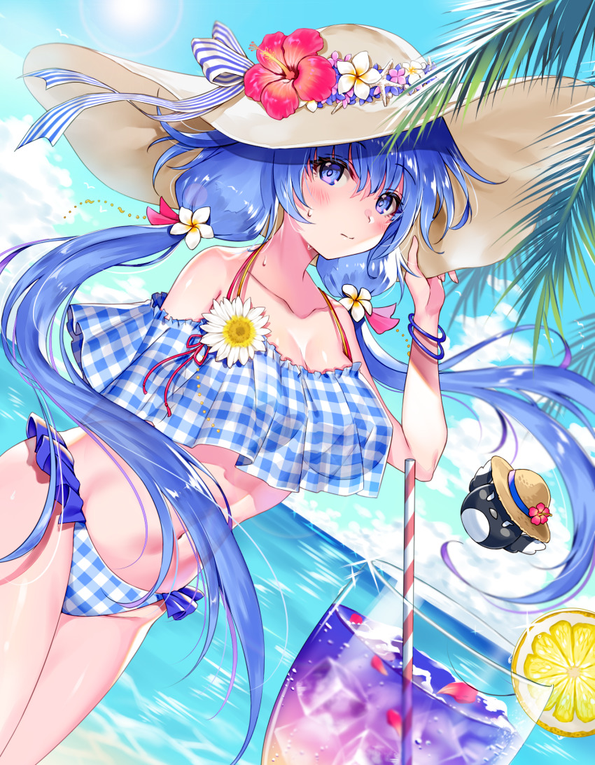 1girl, bare_shoulders, beach, bikini, blue_bikini, blue_eyes, blush, breasts, checkered_bikini, checkered_clothes, cleavage, closed_mouth, cloud, collarbone, drink, female_focus, flower, food, frilled_bikini, frills, fruit, hand_up, hat, hat_flower, hibiscus, highres, holding, holding_unworn_clothes, holding_unworn_hat, large_breasts, leaf, lemon, lemon_slice, long_hair, looking_at_viewer, navel, ocean, off_shoulder, pink_flower, plaid_bikini, plaid_clothes, shironeko_project, sky, solo, stomach, swimsuit, tatejima_uri, towa_(shironeko_project), twintails, unworn_hat, unworn_headwear, water, white_flower