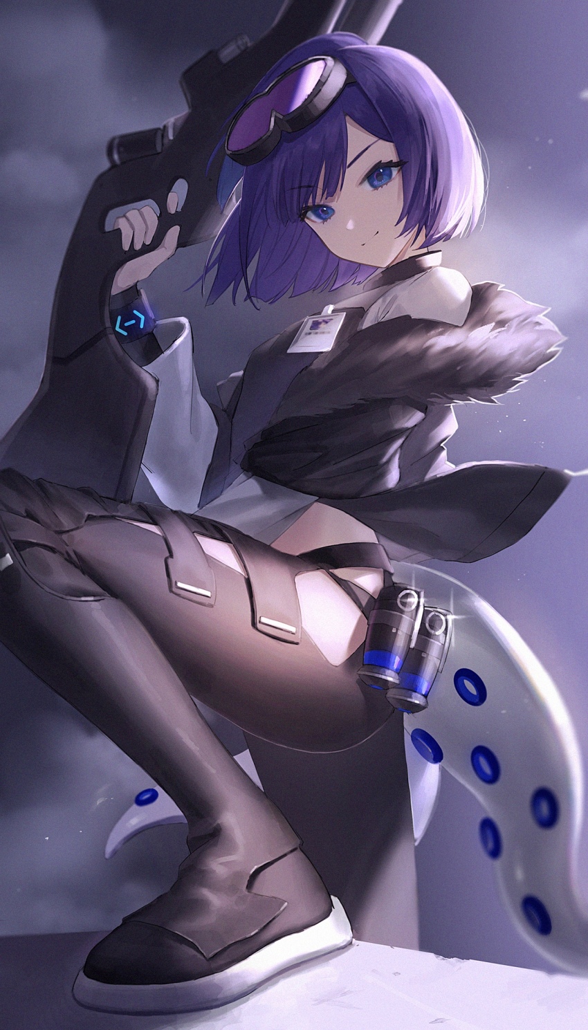 >:), 1girl, andreana_(arknights), andreana_(elite_ii)_(arknights), arknights, black_footwear, black_jacket, black_pants, blue_eyes, bracelet, closed_mouth, clothing_cutout, elite_ii_(arknights), fur-trimmed_jacket, fur_trim, glint, goggles, goggles_on_head, gun, highres, hip_vent, holding, holding_gun, holding_weapon, id_card, jacket, jewelry, jfjf, leg_up, long_sleeves, looking_at_viewer, open_clothes, open_jacket, pants, purple_hair, short_hair, smile, solo, standing, tail, tentacles, weapon