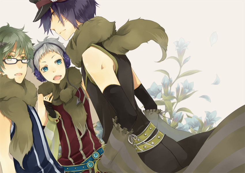 3boys, animal, animal_around_neck, bangle, belt, black-framed_eyewear, black_gloves, blue_eyes