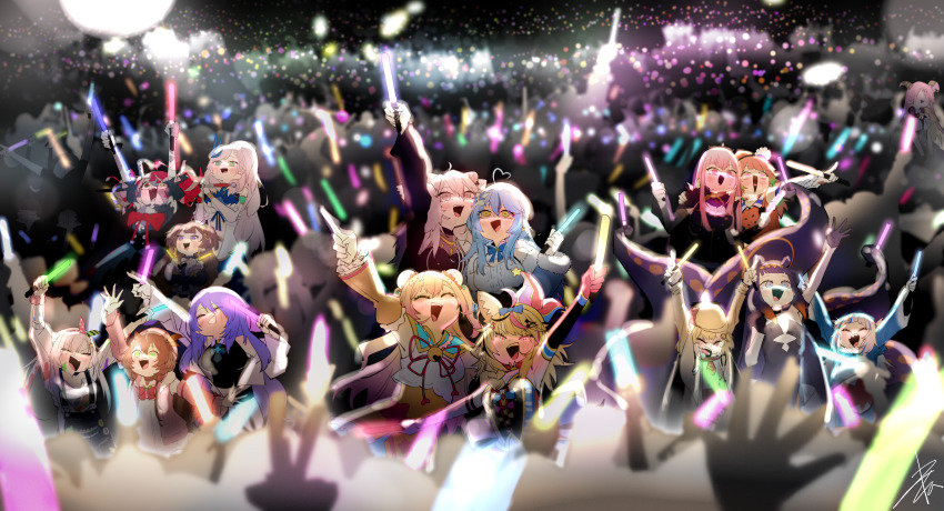 6+girls, absurdres, ahoge, airani_iofifteen, anya_melfissa, ayunda_risu, blonde_hair, concert, debbie_(user_uapu3455), feather_hair_ornament, gawr_gura, gawr_gura_(1st_costume), glowstick, hair_between_eyes, hair_ornament, heart, heart_ahoge, highres, hololive, hololive_english, hololive_indonesia, huge_filesize, kureiji_ollie, long_hair, mano_aloe, momosuzu_nene, moona_hoshinova, mori_calliope, mori_calliope_(1st_costume), multiple_girls, ninomae_ina'nis, ninomae_ina'nis_(1st_costume), omaru_polka, open_mouth, paint_splatter, paint_splatter_on_face, pavolia_reine, shishiro_botan, smile, stitched_face, stitches, takanashi_kiara, takanashi_kiara_(1st_costume), virtual_youtuber, watson_amelia, watson_amelia_(1st_costume), yukihana_lamy