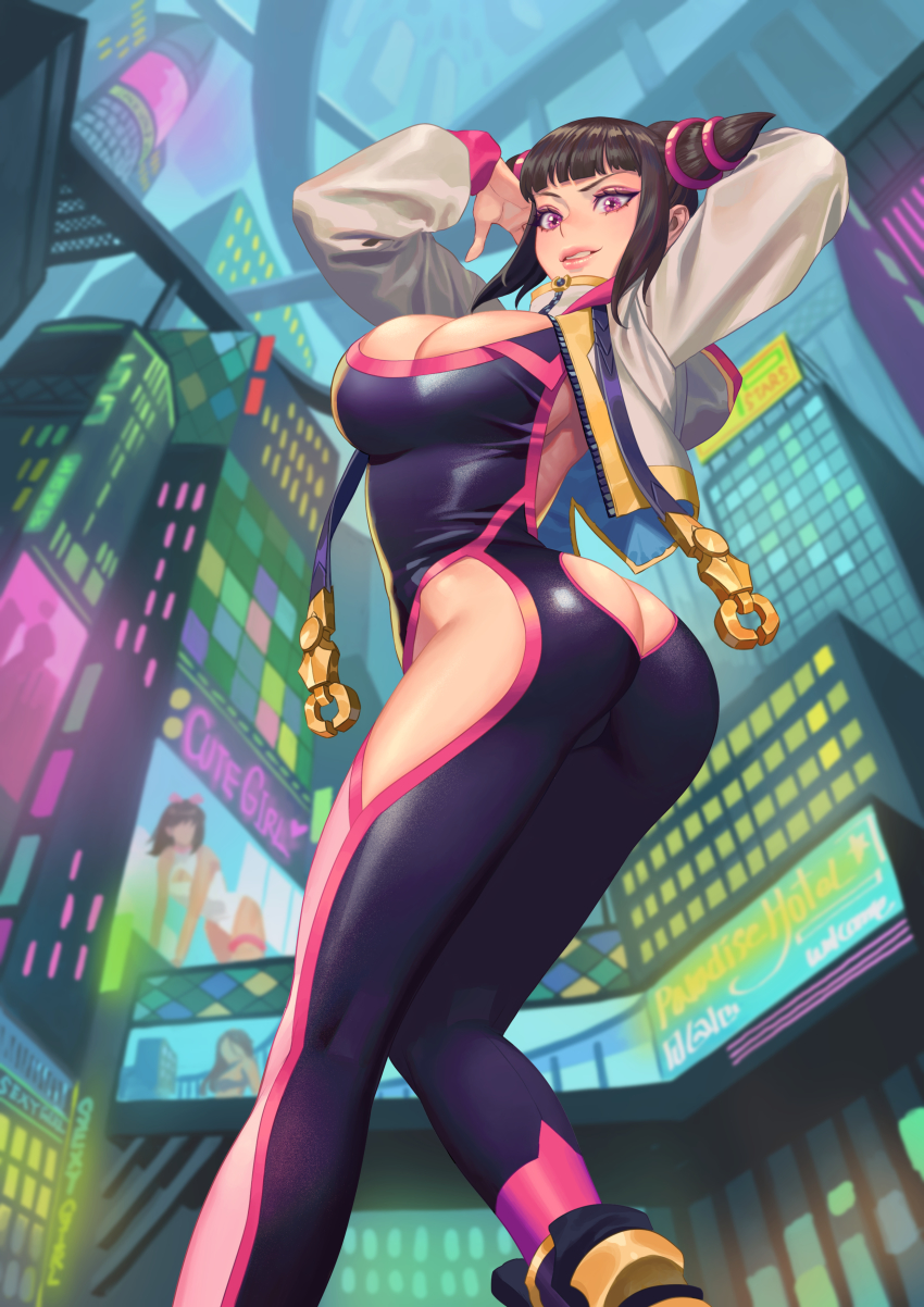 1girl, absurdres, alternate_costume, aolo, arm_behind_back, arms_up, artist_request, ass, ass_cutout, black_hair, blunt_bangs, breasts, butt_crack, cleavage, clothing_cutout, commission, english_text, from_below, han_juri, highres, hip_vent, long_hair, neon_trim, no_panties, purple_eyes, revealing_clothes, rubimo, solo, street_fighter, thighs