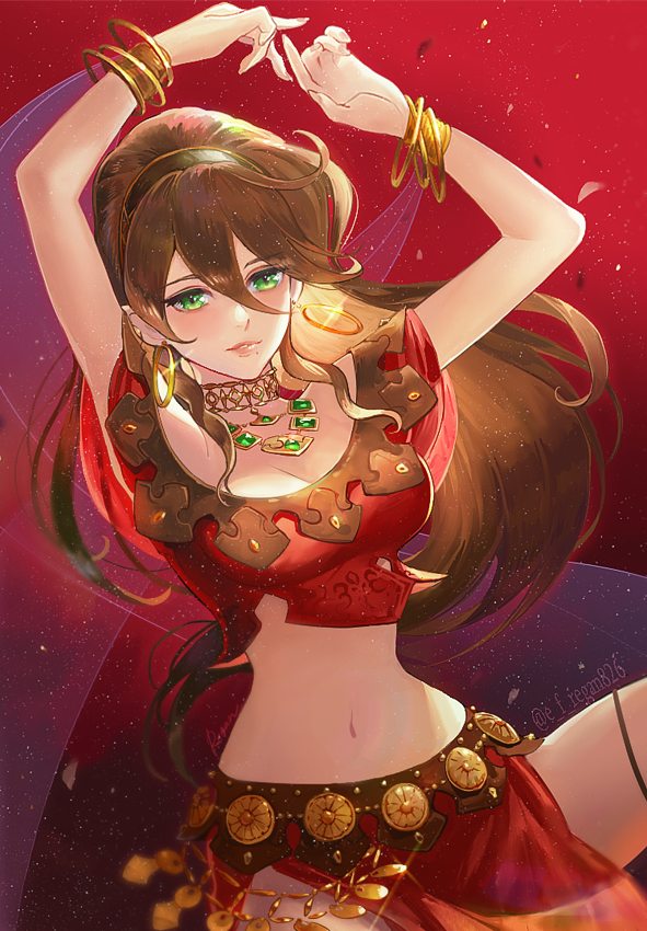 1girl, anklet, arabian_clothes, armlet, blouse, blush, bracelet, breasts, brown_hair, circlet, cleavage, dancer, dancing, earrings, green_eyes, harem_outfit, hoop_earrings, jewelry, large_breasts, long_hair, looking_at_viewer, midriff, navel, octopath_traveler, octopath_traveler_i, off_shoulder, ponytail, primrose_azelhart, red_shirt, regan_(hatsumi), shirt, solo
