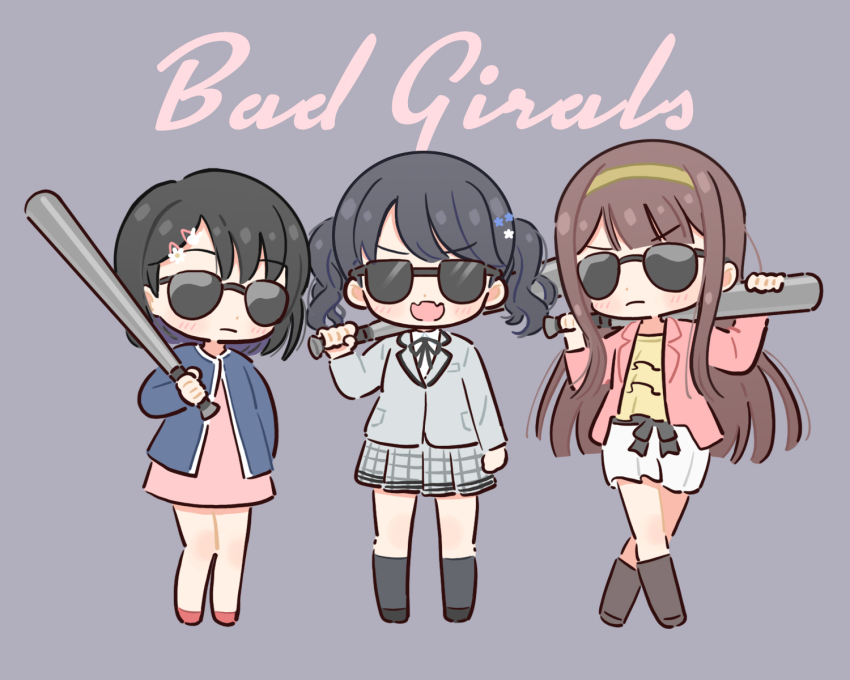 3girls, artist_request, baseball_bat, black_hair, black_socks, blazer, boots, brown_hair