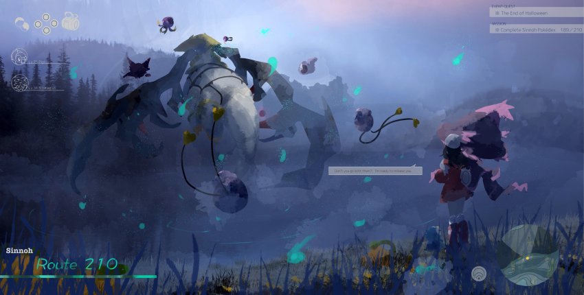 1girl, absurdres, bag, beanie, black_eyes, black_hair, blue_fire, boots, character_name, dawn_(pokemon), dress, drifblim, drifloon, duffel_bag, english_text, engrish_text, fake_screenshot, female_focus, fire, floating, forest, from_behind, full_body, gastly, gen_1_pokemon, gen_4_pokemon, ghost, giant, giratina, giratina_(altered), grass, hat, haunter, heads-up_display, highres, kneehighs, legendary_pokemon, long_hair, long_sleeves, looking_at_another, looking_up, minimap, mismagius, nature, nintendo, outdoors, piplup, poke_ball_symbol, pokemon, pokemon_(creature), pokemon_diamond/pearl/platinum, pokemon_platinum, ranguage, red_dress, red_footwear, scarf, short_dress, socks, speech_bubble, standing, talking, tree, umi_hire, user_interface, white_headwear, white_scarf, white_socks