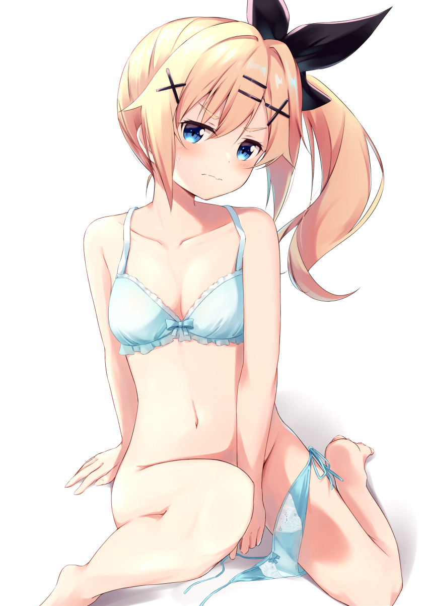 1girl, absurdres, bare_shoulders, black_ribbon, blonde_hair, blue_eyes, blush, bra