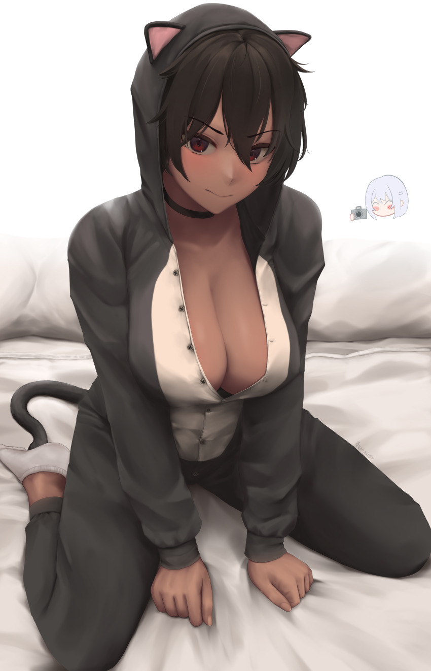 >:), 2girls, absurdres, animal_costume, animal_ears, black_choker, black_hair, blush, borrowed_character, breasts, camera, cat_costume, cat_ears, cat_tail, chibi, chibi_inset, choker, cleavage, closed_mouth, collarbone, commentary, dark-skinned_female, dark_skin, eko.art, english_commentary, fake_animal_ears, fake_tail, fingernails, hair_between_eyes, highres, large_breasts, long_fingernails, long_sleeves, micchan_(ohisashiburi), multiple_girls, original, pillow, red_eyes, short_hair, sitting, socks, tail, unbuttoned, wariza, white_legwear