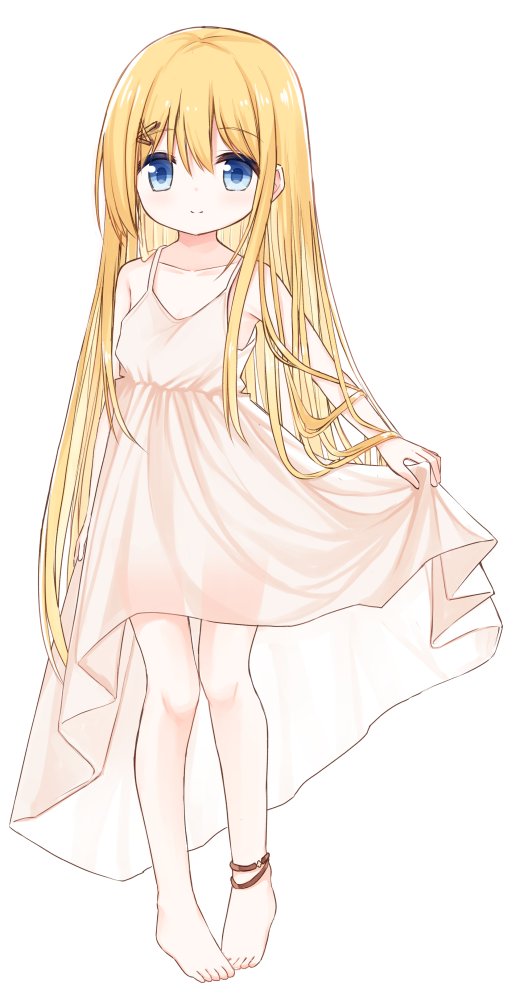 1girl, anklet, bare_arms, bare_shoulders, barefoot, blonde_hair, blue_eyes, blush