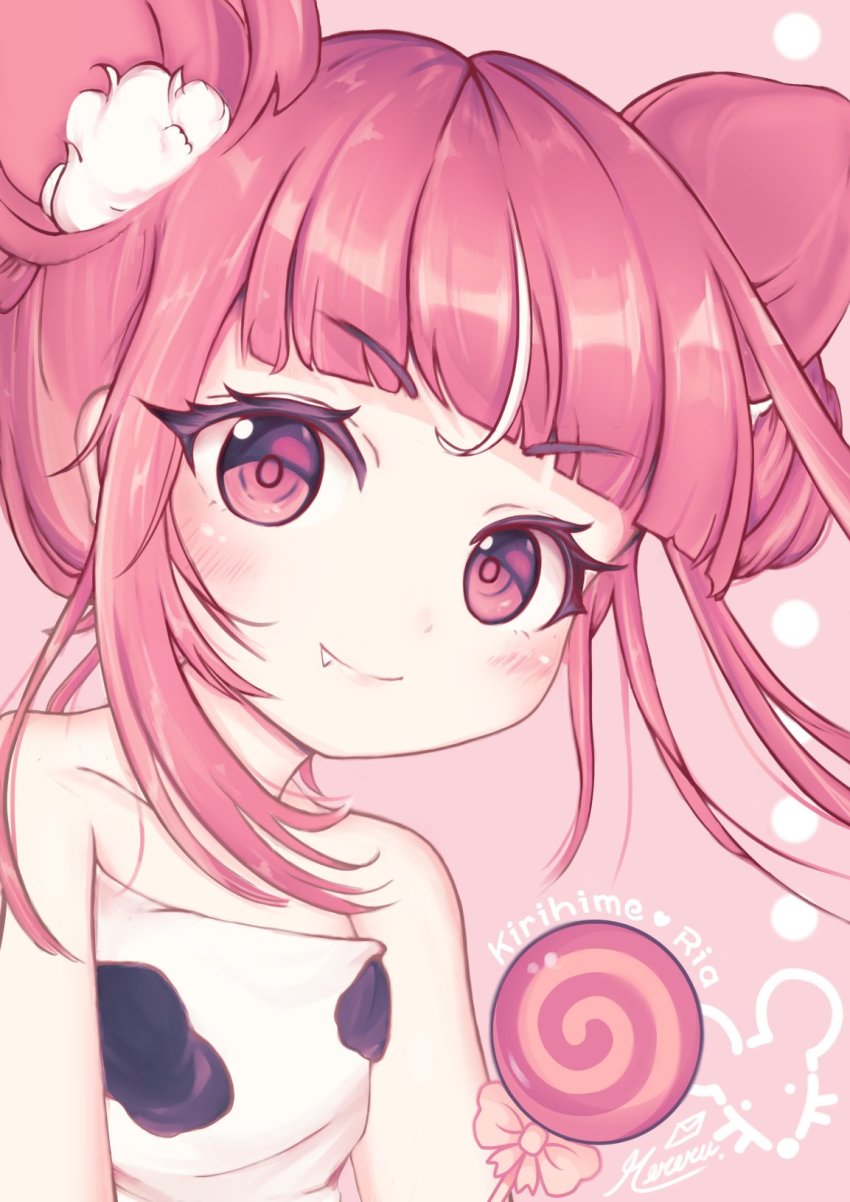 1girl, alternate_costume, animal_ear_fluff, animal_ears, animal_print, bad_id, bad_twitter_id, blunt_bangs, blush, candy, character_name, cow_print, fang, fang_out, flat_chest, food, highres, kirihime_ria, lollipop, matsuro_meru_(artist), mouse_(animal), mouse_ears, mouse_girl, pink_eyes, pink_hair, sidelocks, smile, solo, tsunderia, v-shaped_eyebrows, virtual_youtuber