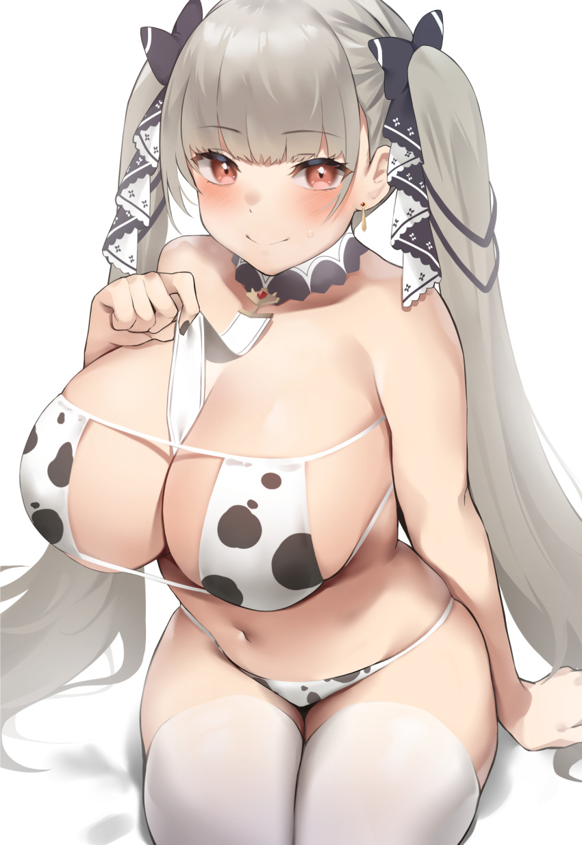 1girl, animal_print, azur_lane, bare_shoulders, between_breasts, bikini, blush, breasts