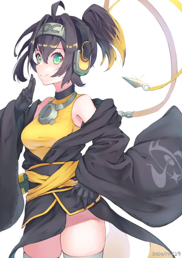 1girl, ahoge, black_hair, blonde_hair, choker, dated, duel_monster, gloves