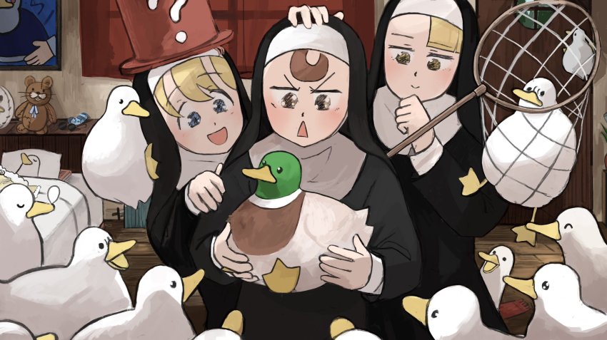 3girls, :d, ?, ^_^, animal, animal_on_hand, animal_on_head, bird