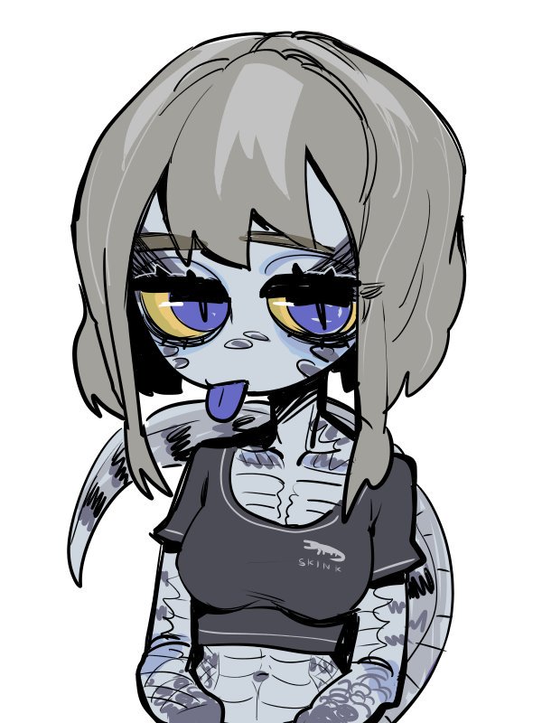 1girl, :p, black_shirt, blue-tongued_skink, blue-tongued_skink_(sparrowl), colored_sclera, colored_tongue, commentary