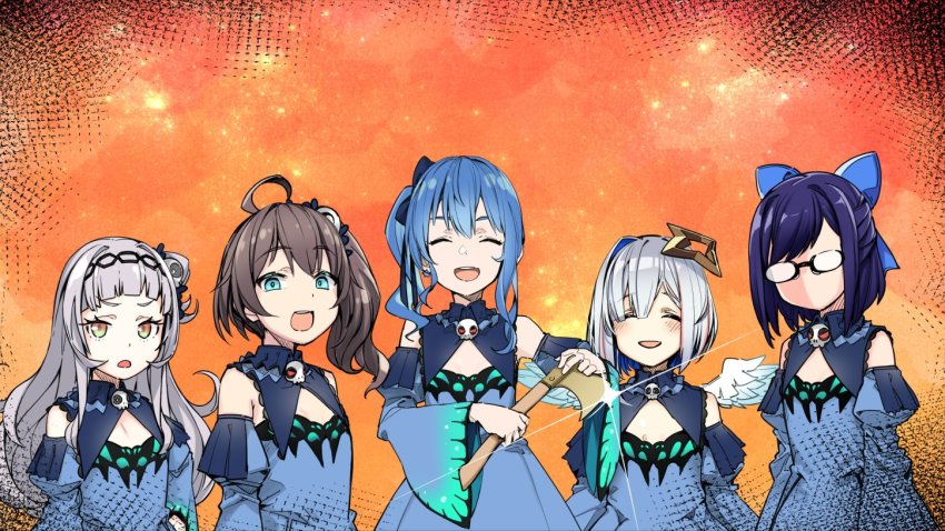 5girls, a-chan_(hololive), amane_kanata, angel, axe, bare_tree, blue_dress, blue_hair