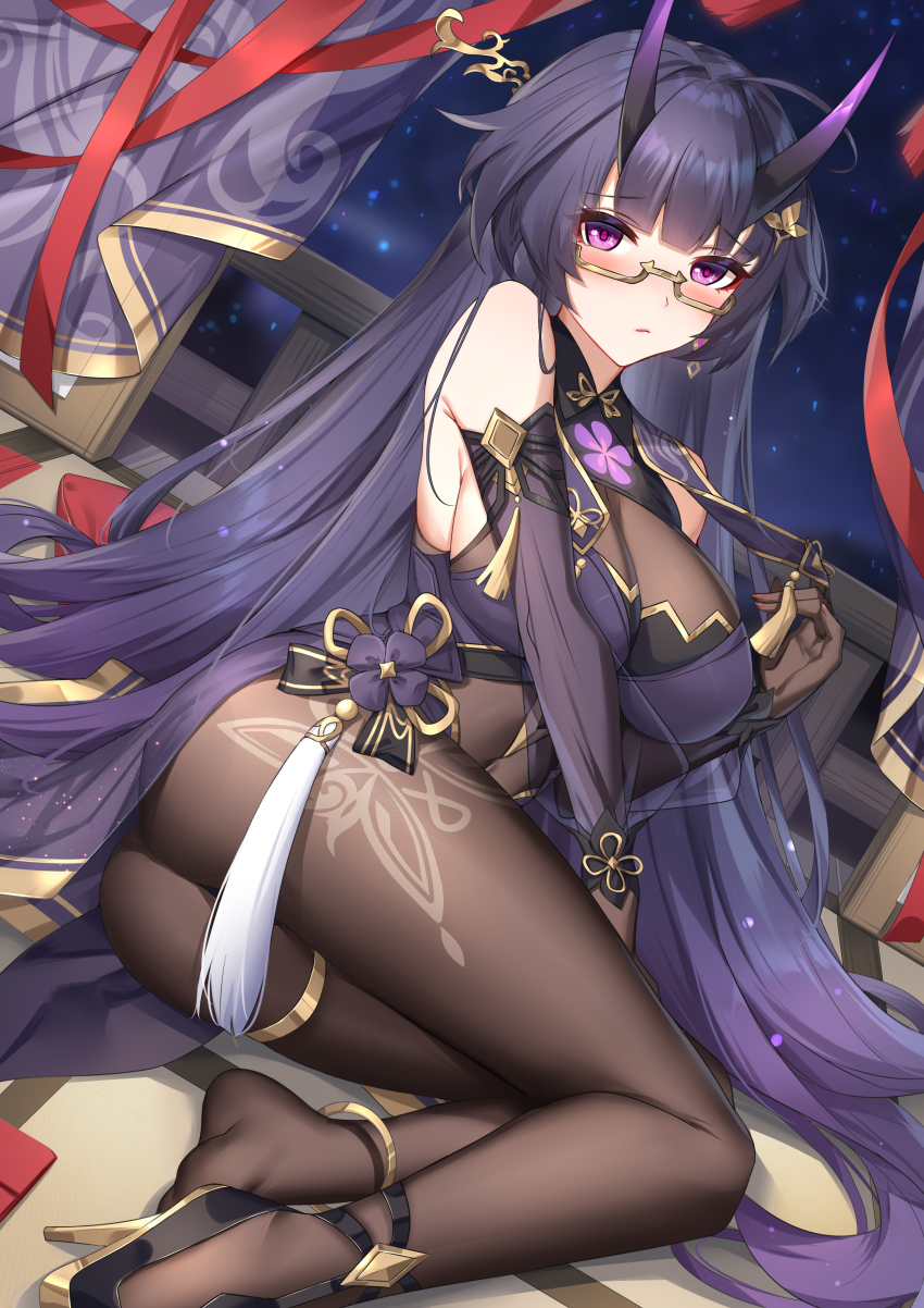 1girl, absurdres, ahoge, anklet, ass, bare_shoulders, black_pantyhose, bodystocking