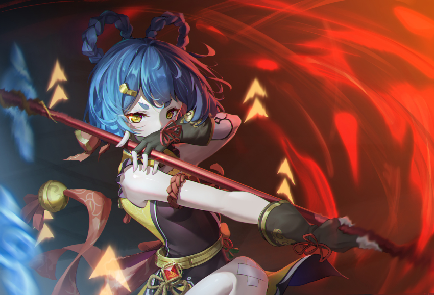 1girl, absurdres, arm_up, bare_shoulders, black_gloves, blue_hair, braid, braided_hair_rings