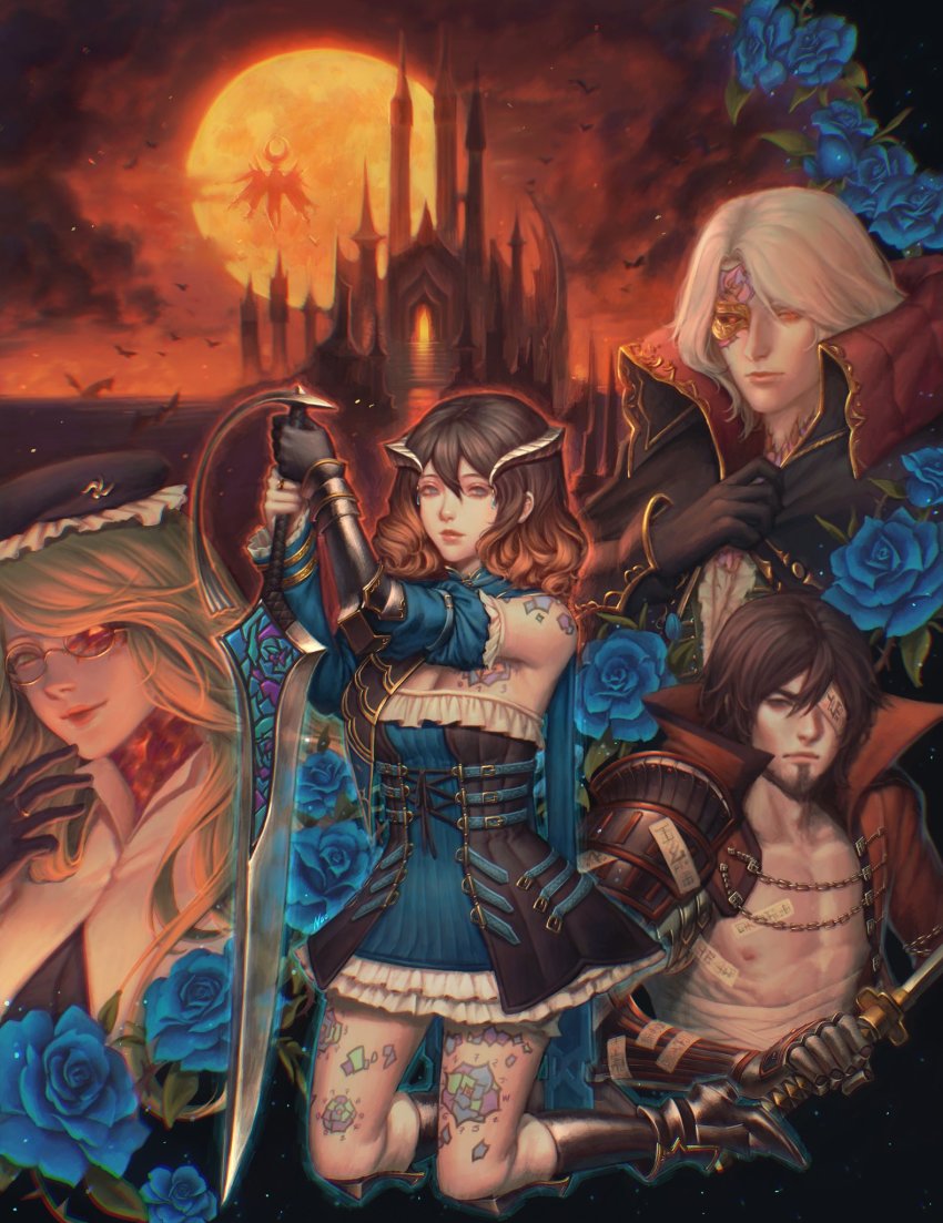 alfred_(bloodstained), blonde_hair, bloodstained:_ritual_of_the_night, bloodstained_(series), dominique_(bloodstained), flower, flower_tattoo, gauntlets