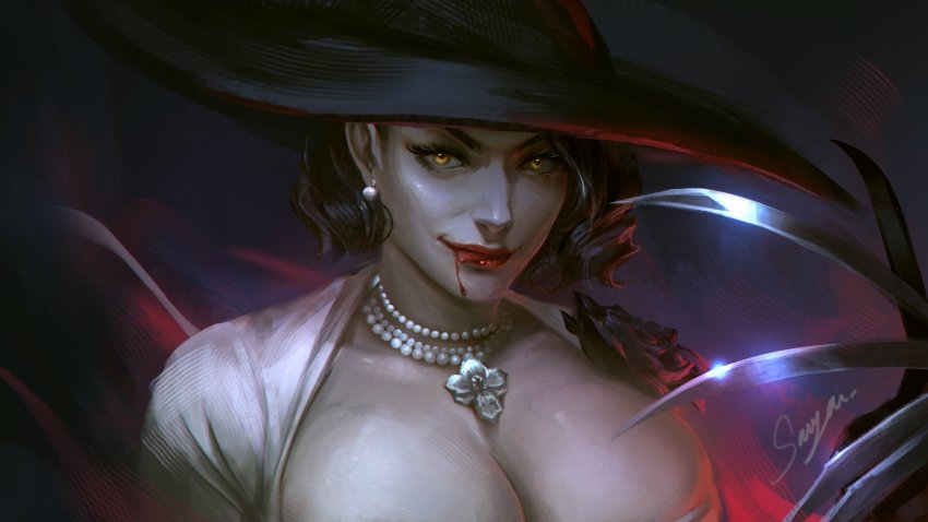1girl, alcina_dimitrescu, black_hair, blood, breasts, cleavage, dark, dress, earrings, hat, highres, jewelry, licking_lips, looking_at_viewer, makeup, mature_female, necklace, resident_evil, resident_evil_village, sariya_asa, short_hair, smirk, solo, sun_hat, tongue, tongue_out, white_dress, yellow_eyes