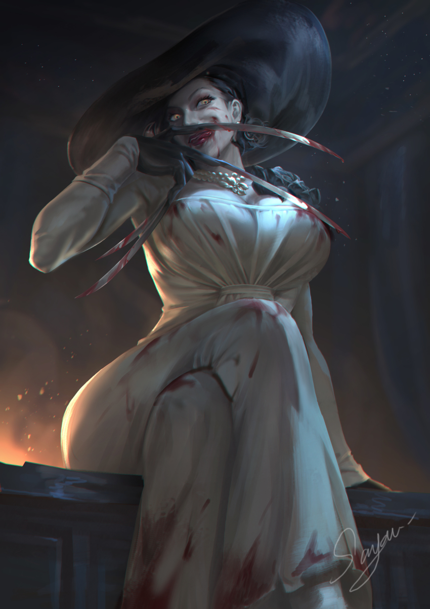 1girl, absurdres, alcina_dimitrescu, black_gloves, black_hair, blood, breasts, cleavage, dress, earrings, fingernails, gloves, hat, highres, jewelry, licking_lips, lipstick, long_fingernails, looking_at_viewer, makeup, mature_female, necklace, pale_skin, resident_evil, resident_evil_village, sariya_asa, sharp_fingernails, short_hair, solo, sun_hat, tall_female, tongue, tongue_out, vampire, white_dress, yellow_eyes