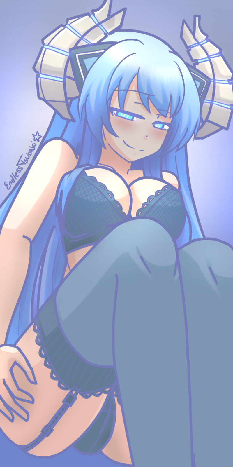 1girl, artist_name, bare_shoulders, black_bra, black_panties, blue_background, blue_eyes, blue_hair