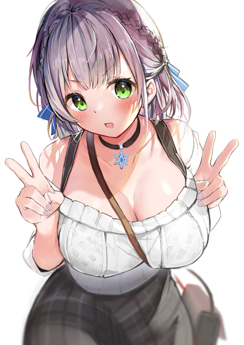 1girl, absurdres, bare_shoulders, between_breasts, black_choker, blush, braid, breasts, choker, cleavage, collarbone, double_v, green_eyes, highres, hololive, large_breasts, looking_at_viewer, off-shoulder_sweater, off_shoulder, open_mouth, ribbed_sweater, rinki_oohen, shirogane_noel, shirogane_noel_(casual), short_hair, silver_hair, smile, solo, strap_between_breasts, sweater, v, virtual_youtuber, white_sweater
