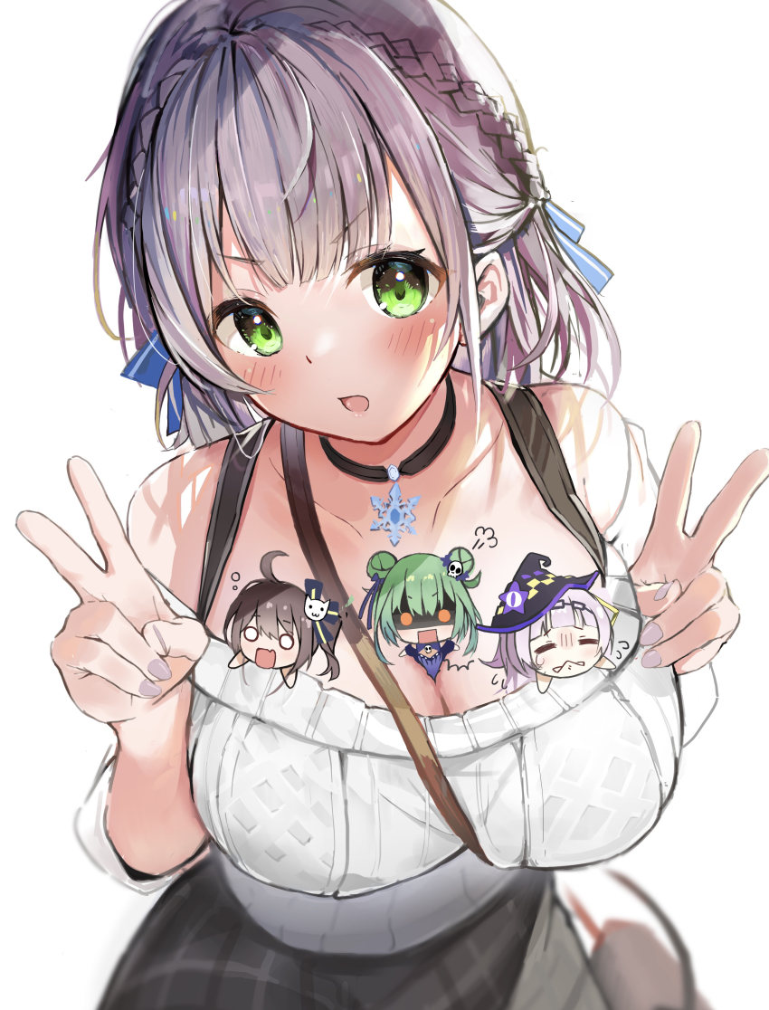 1girl, absurdres, bare_shoulders, between_breasts, black_choker, blush, braid, breast_envy, breasts, chibi, chibi_inset, choker, cleavage, collarbone, double_v, green_eyes, highres, hololive, large_breasts, looking_at_viewer, murasaki_shion, natsuiro_matsuri, off-shoulder_sweater, off_shoulder, open_mouth, person_between_breasts, ribbed_sweater, rinki_oohen, shirogane_noel, shirogane_noel_(casual), short_hair, silver_hair, smile, solo, strap_between_breasts, sweater, uruha_rushia, v, virtual_youtuber, white_sweater