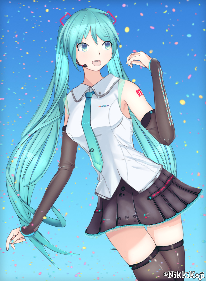 1girl, blue_eyes, blue_hair, confetti, detached_sleeves, gradient_background, hatsune_miku, hatsune_miku_(vocaloid4)