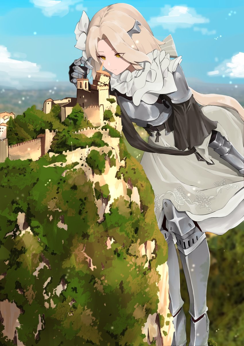 1girl, absurdres, armor, armored_boots, armored_dress, artist_request, aug_(girls'_frontline), aug_(requiem_array)_(girls'_frontline), blonde_hair, blue_sky, boots, breastplate, cliff, cloud, commentary, commission, dress, gauntlets, giant, giantess, girls'_frontline, highres, light_particles, long_hair, official_alternate_costume, sky, yellow_eyes