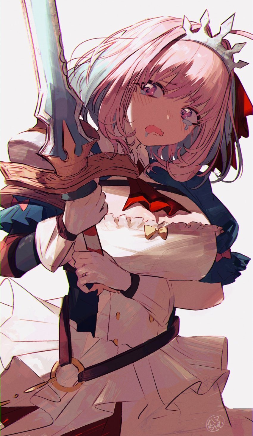 1girl, ahoge, ascot, blue_hair, bow, breasts, cleavage, cosplay