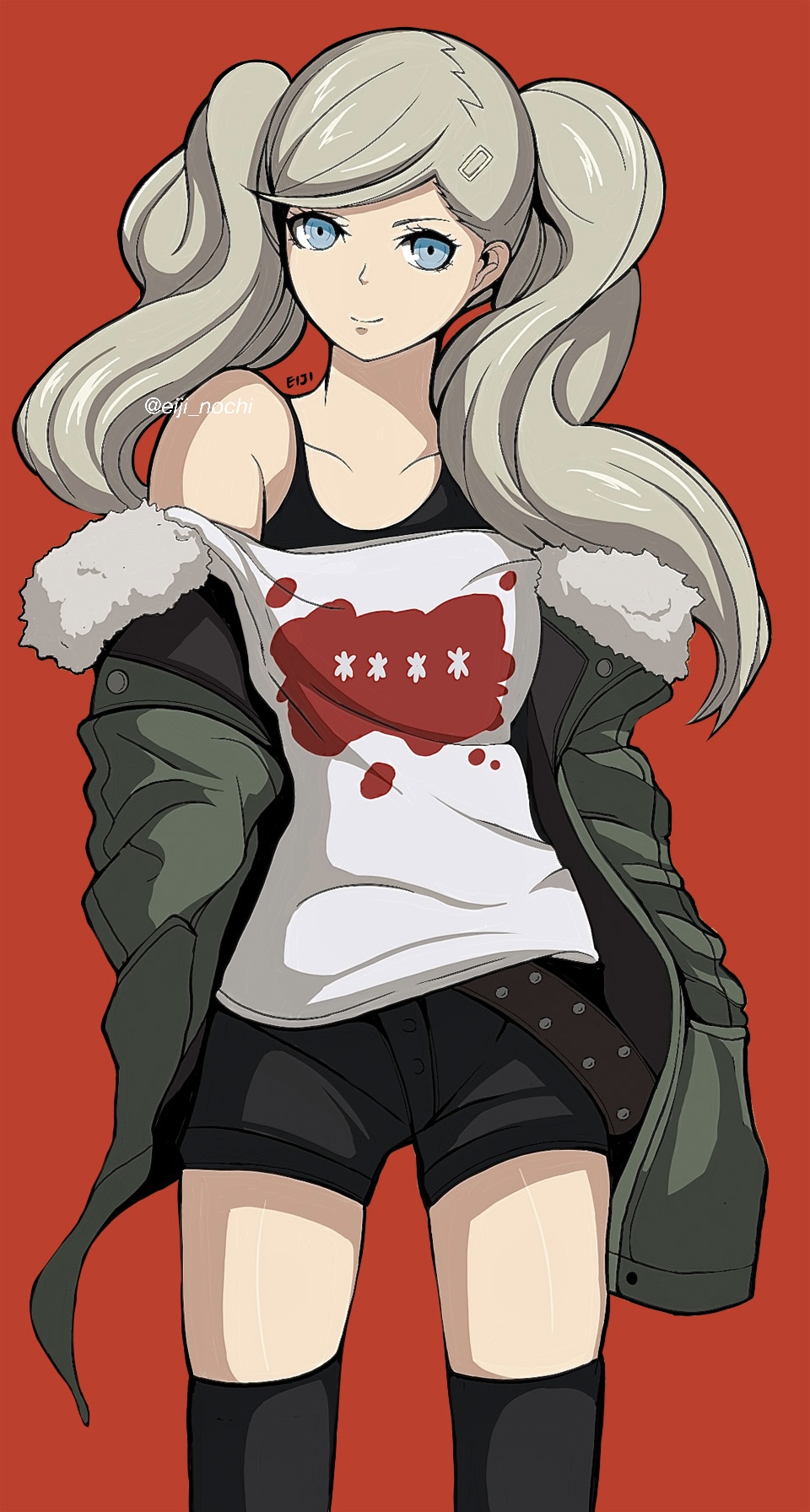1girl, bad_id, bad_pixiv_id, blonde_hair, blue_eyes, cosplay, cowboy_shot, eiji_nochi, fur-trimmed_jacket, fur_trim, hair_ornament, hairclip, hands_in_pockets, highres, jacket, long_hair, persona, persona_5, red_background, sakura_futaba, sakura_futaba_(cosplay), shorts, simple_background, smile, solo, takamaki_anne, thighhighs, twintails
