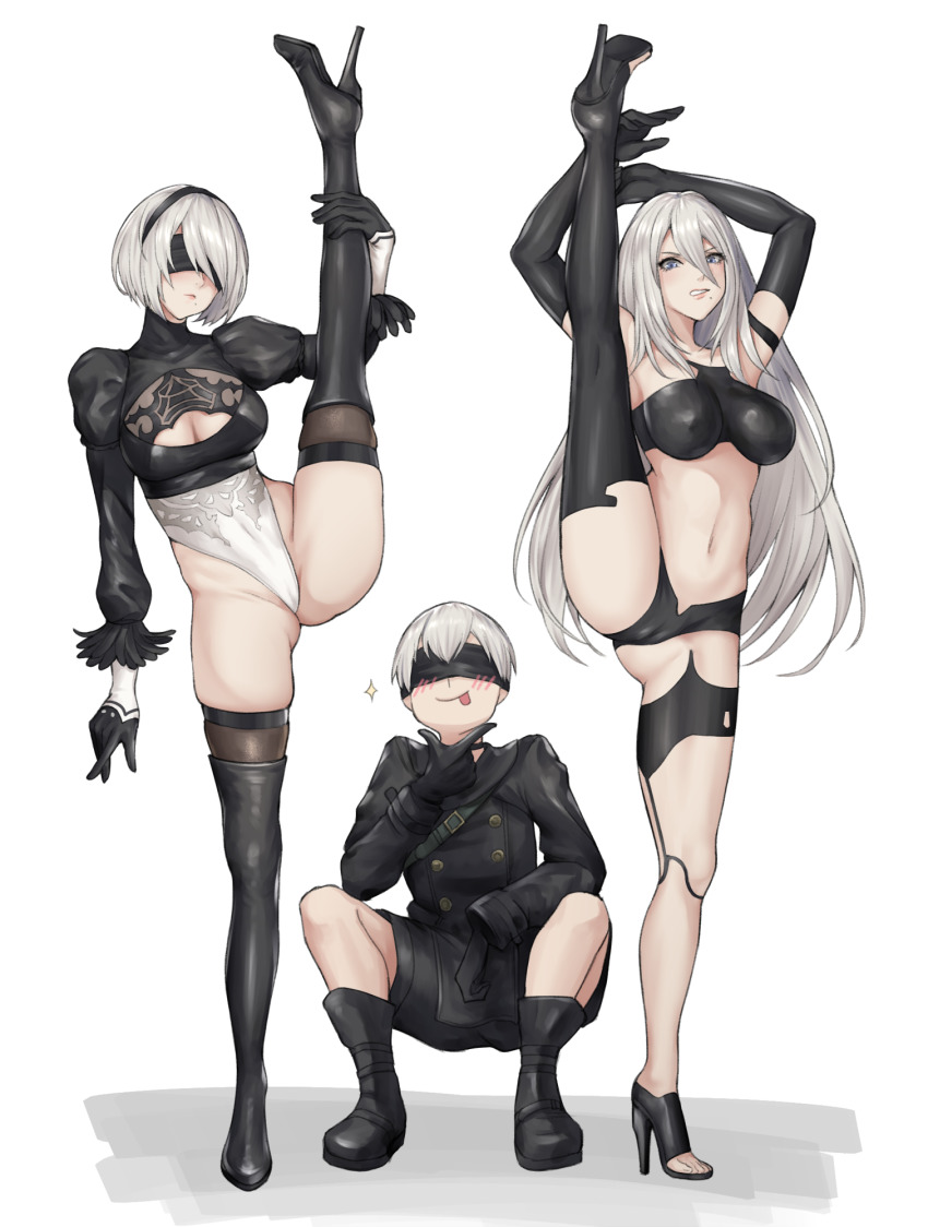 1boy, 2b_(nier:automata), 2girls, 9s_(nier:automata), :p, a2_(nier:automata), asymmetrical_footwear, black_legwear