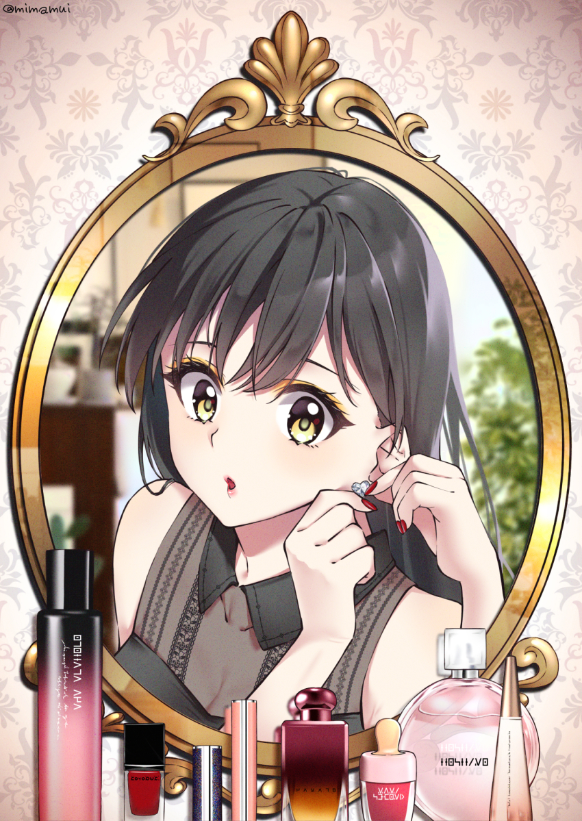 1girl, :o, bare_shoulders, black_hair, blush, bottle, collarbone, commentary_request, earrings, eyeshadow, female_pov, fingernails, gals!, heart, heart_earrings, highres, hoshino_aya, jewelry, long_fingernails, long_hair, looking_at_viewer, makeup, mimamui, mirror, nail_polish, open_mouth, perfume_bottle, pov, red_nails, reflection, solo, twitter_username, wing_collar, yellow_eyes