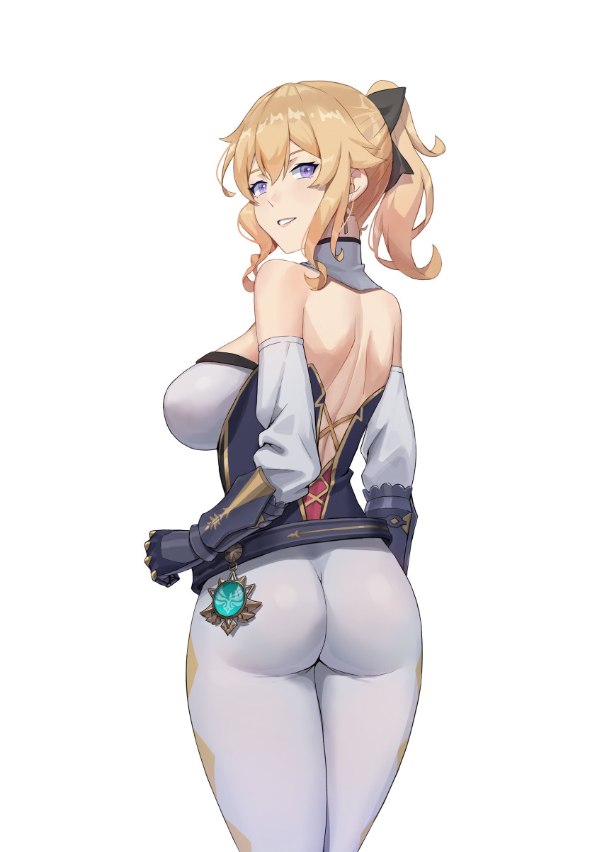1girl, absurdres, alternate_breast_size, ass, bare_shoulders, blonde_hair, blush, bow, breasts, corset, detached_sleeves, freedomexvss, from_behind, genshin_impact, gloves, hair_bow, half-closed_eyes, highres, jean_(genshin_impact), large_breasts, long_hair, looking_at_viewer, looking_back, pants, parted_lips, ponytail, purple_eyes, shiny_clothes, shiny_skin, sideboob, simple_background, smile, solo, tight_clothes, tight_pants, white_background